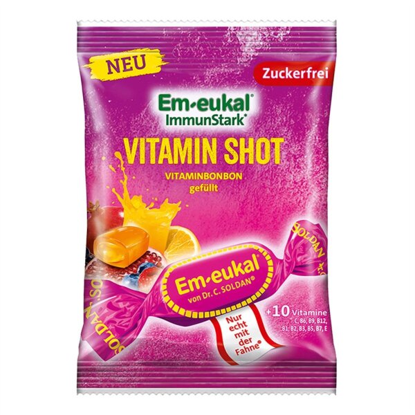 Em eukal Vitamin Shot Bonbons gefüllt erfrischend mit 10 Vitaminen Zuckerfrei 75 g