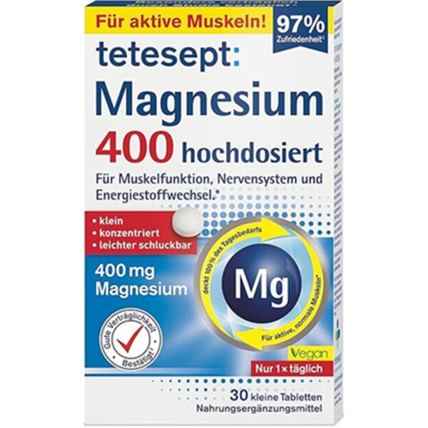 Tetesept Magnesium 400 Hochdosiert 30 Stück für Muskeln Herz Nerven